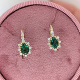 Emerald Drop Earrings w Earth Mined Diamonds in Solid 14K Yellow Gold Oval 7x5mm | May Birthstone