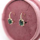 Emerald Drop Earrings w Earth Mined Diamonds in Solid 14K Yellow Gold Oval 7x5mm | May Birthstone