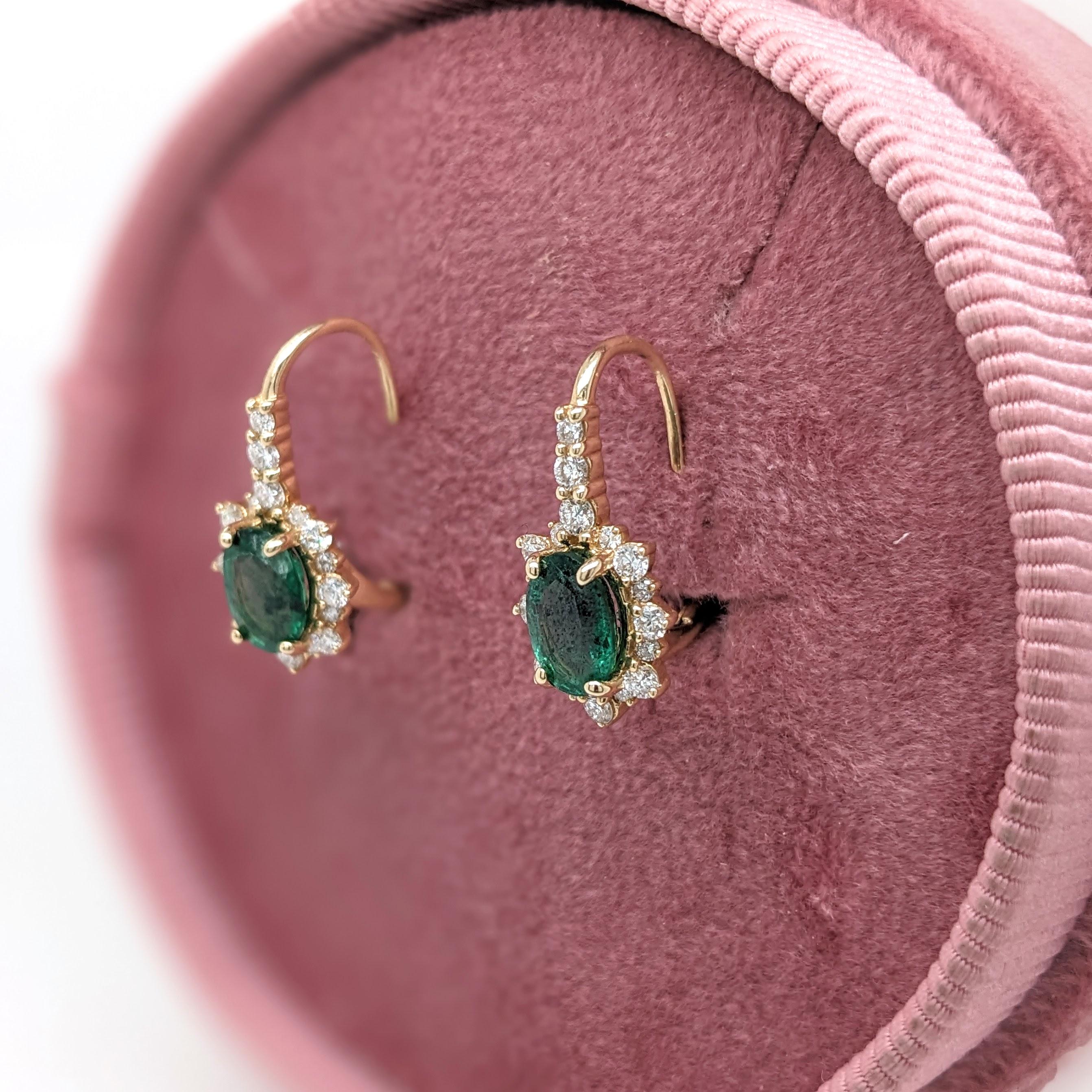 Emerald Drop Earrings w Earth Mined Diamonds in Solid 14K Yellow Gold Oval 7x5mm