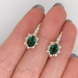 Emerald Drop Earrings w Earth Mined Diamonds in Solid 14K Yellow Gold Oval 7x5mm | May Birthstone