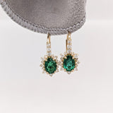 Emerald Drop Earrings w Earth Mined Diamonds in Solid 14K Yellow Gold Oval 7x5mm | May Birthstone