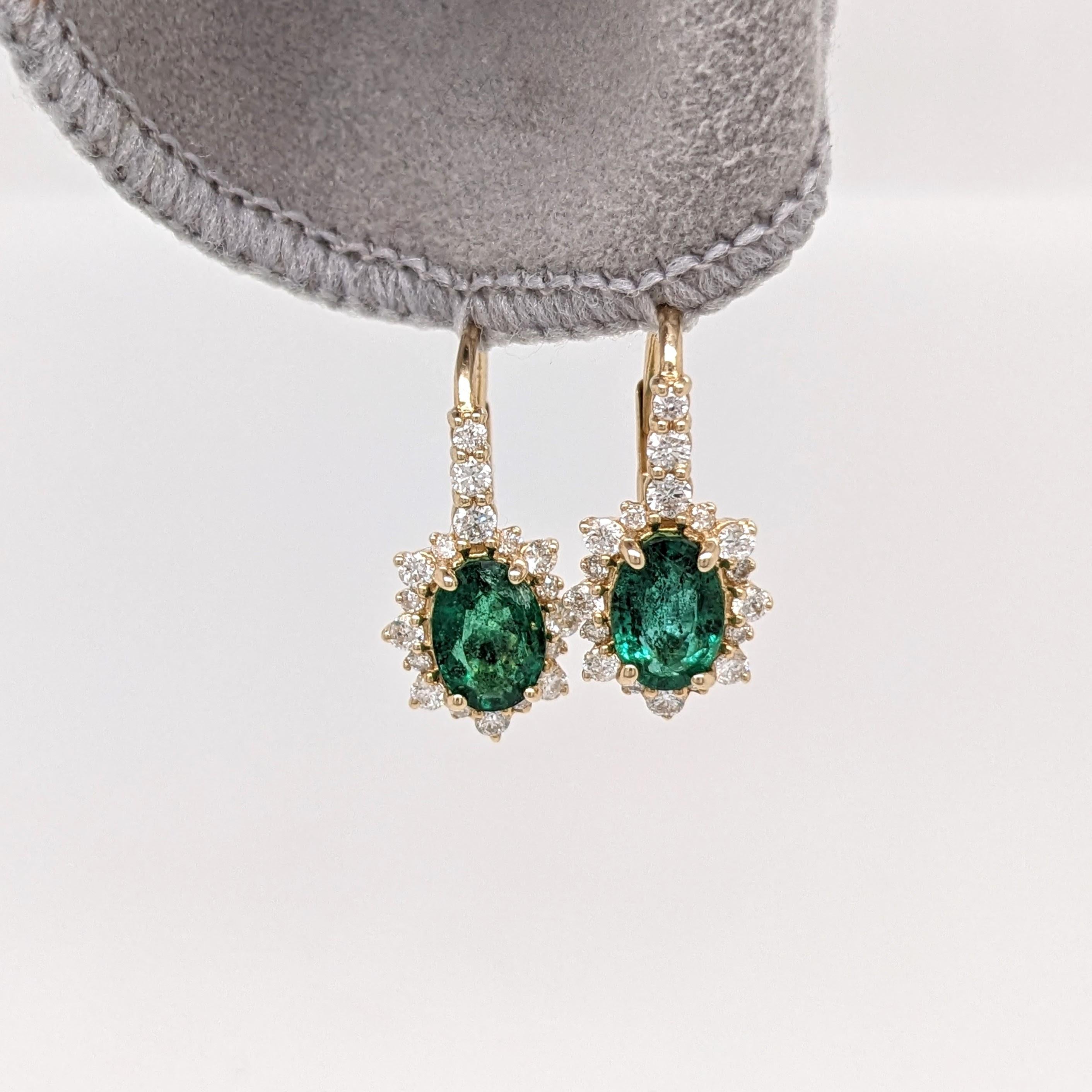 Emerald Drop Earrings w Earth Mined Diamonds in Solid 14K Yellow Gold Oval 7x5mm