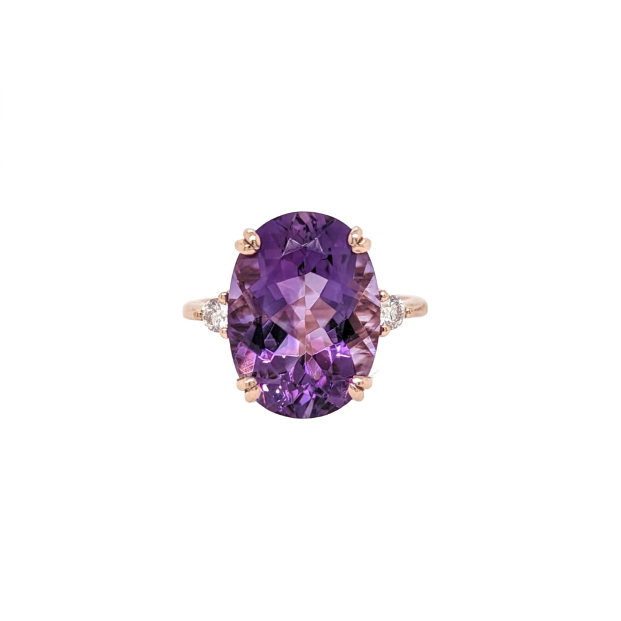 7.2ct Amethyst Ring w Earth Mined Diamonds in Solid 14K Rose Gold Oval 14x10mm