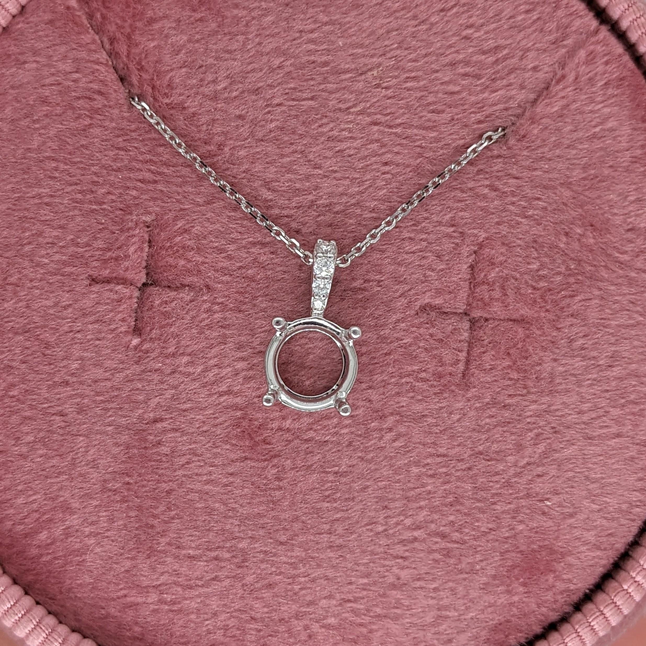 Pendant Semi Mount w Earth Mined Diamonds in Solid 14K Gold Round 7mm