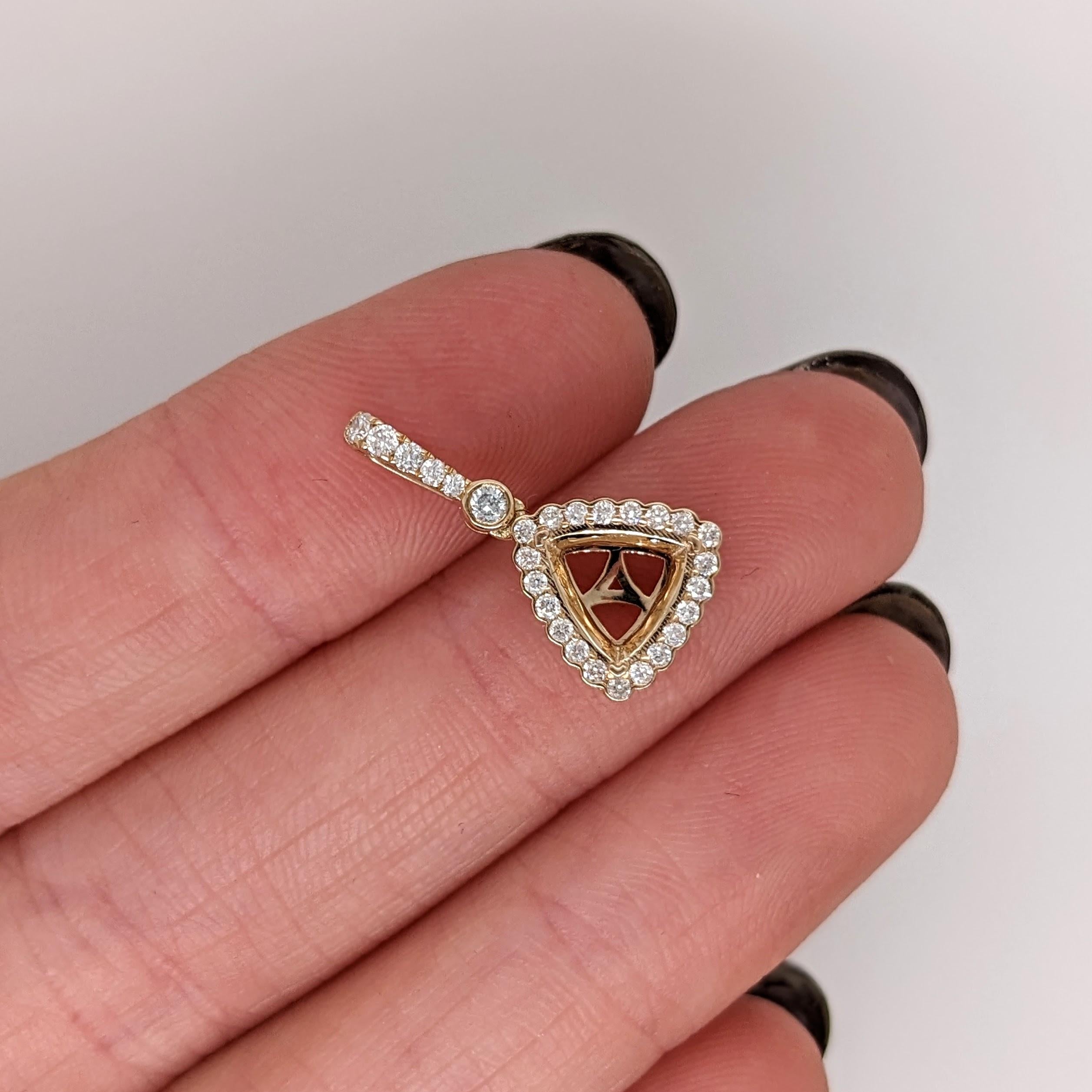 Pendant Semi Mount w Earth Mined Diamonds in Solid 14K Gold Trillion 7mm