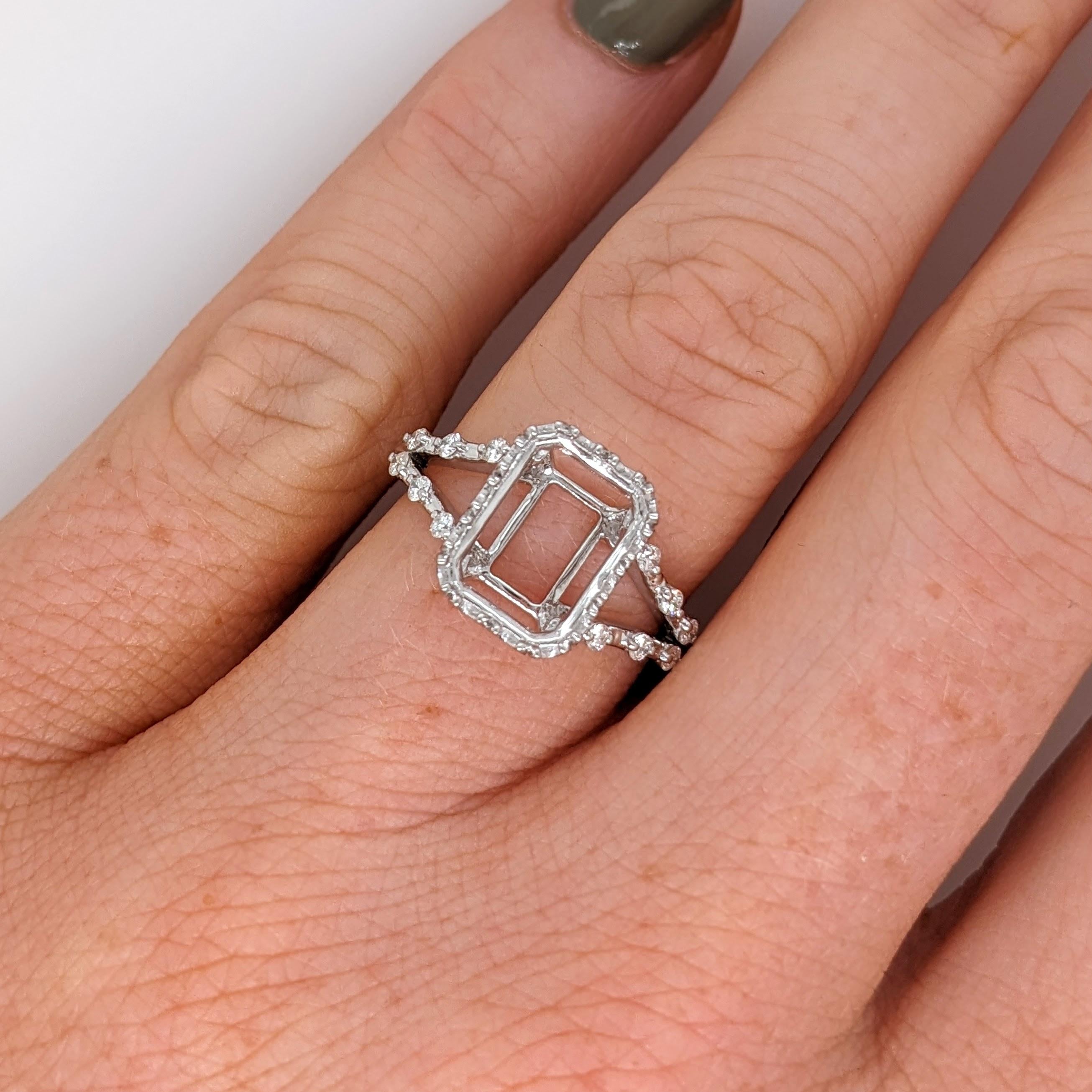 Ring Semi Mount w Earth Mined Diamonds in Solid 14K Gold Emerald Cut 10x7.5mm