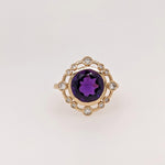2.8ct Amethyst Ring w Earth Mined Diamonds in Solid 14K Gold | Round 9mm
