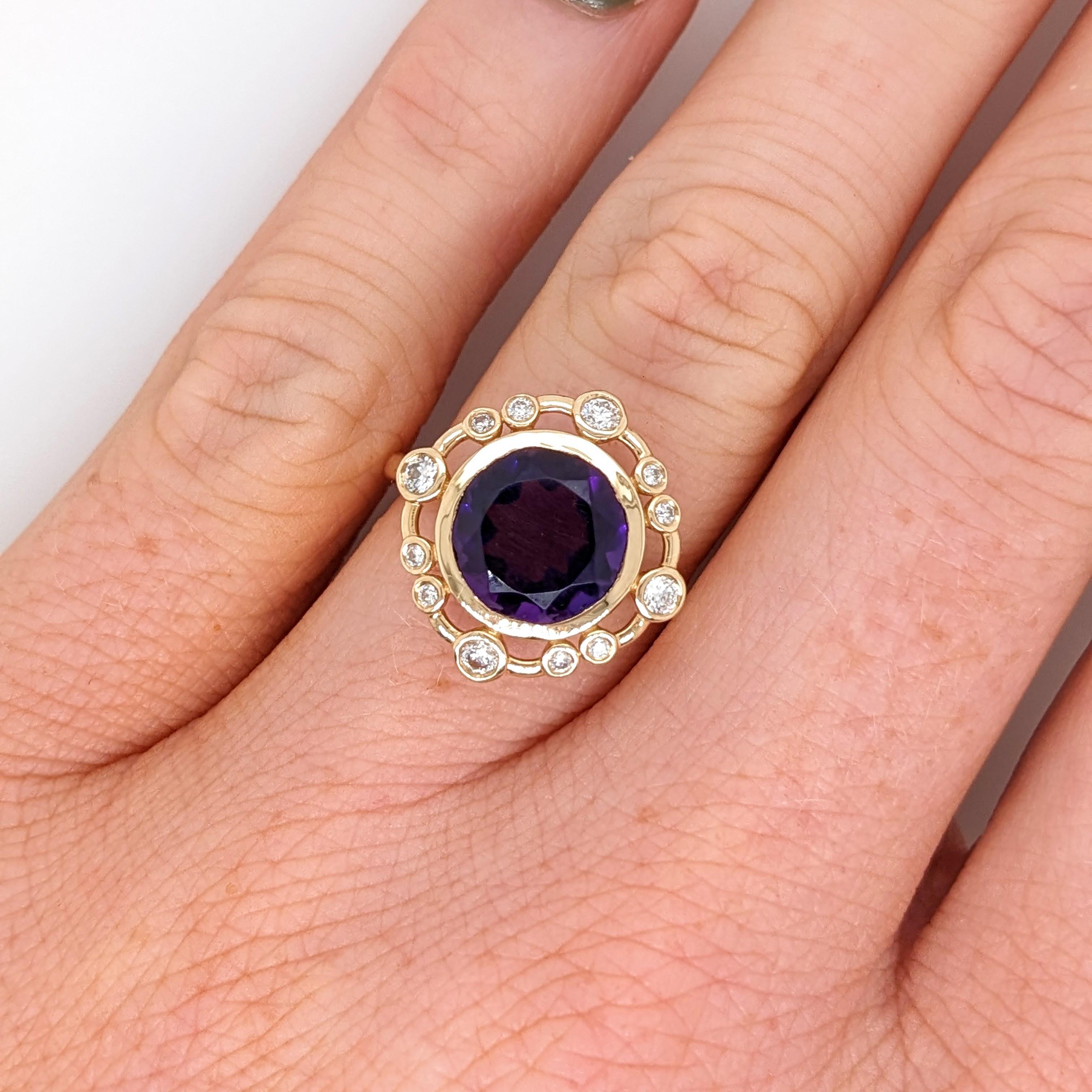 2.8ct Amethyst Ring w Earth Mined Diamonds in Solid 14K Gold | Round 9mm
