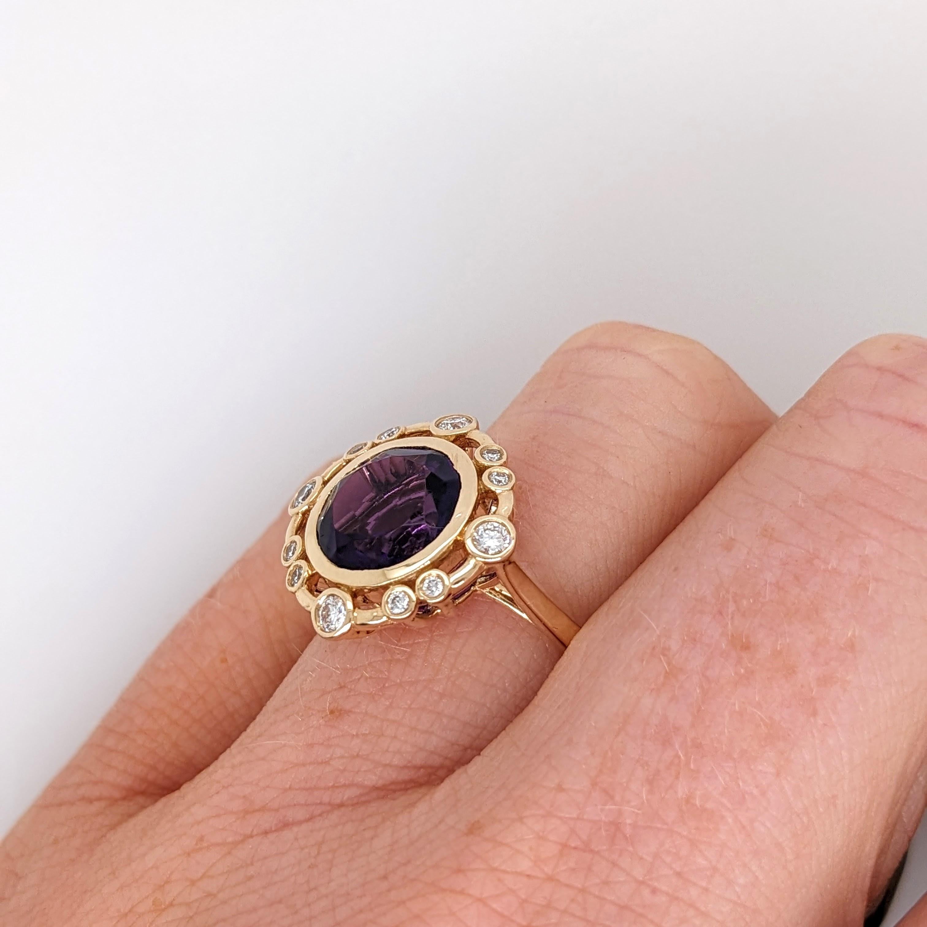 2.8ct Amethyst Ring w Earth Mined Diamonds in Solid 14K Gold | Round 9mm