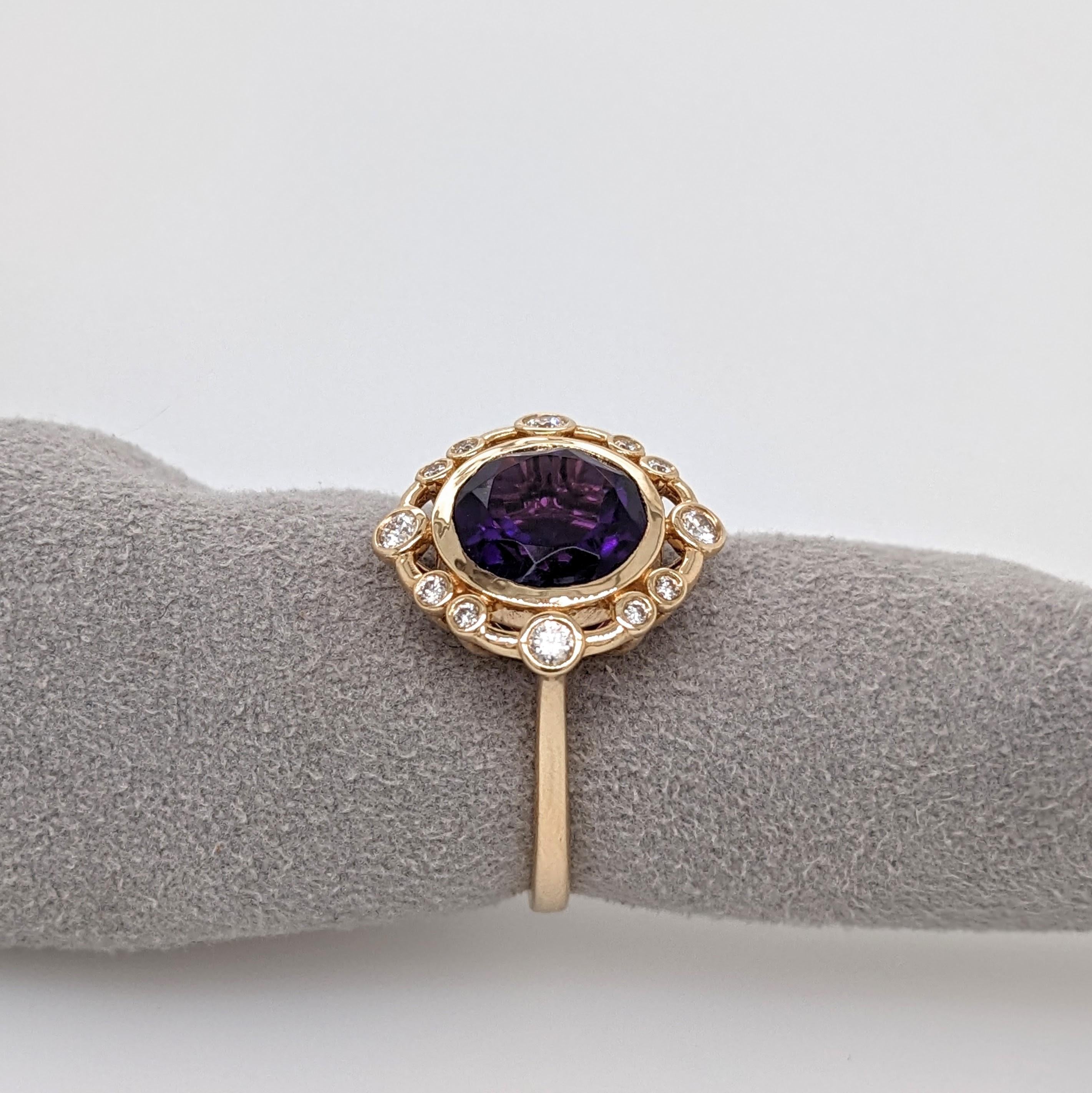 2.8ct Amethyst Ring w Earth Mined Diamonds in Solid 14K Gold | Round 9mm
