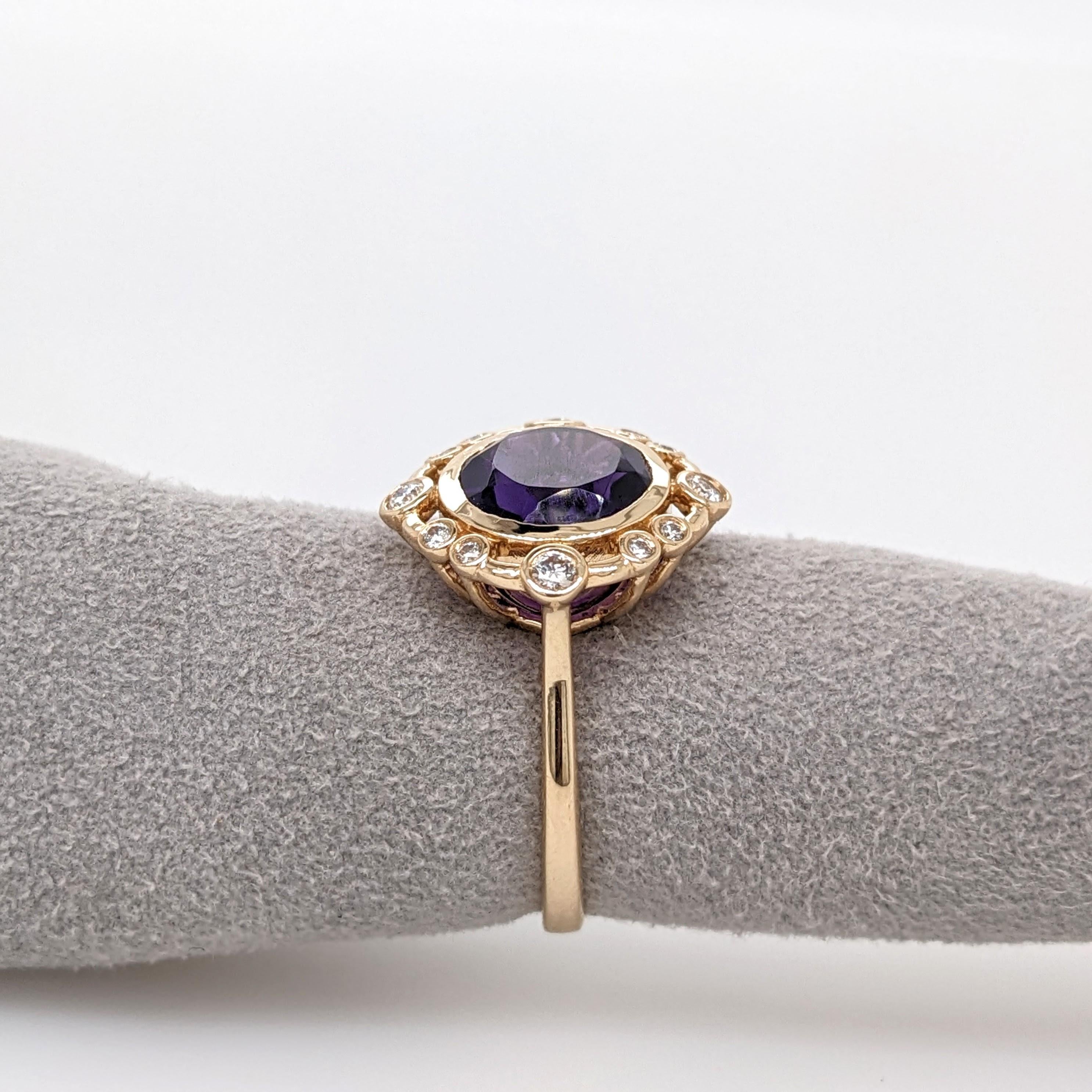 2.8ct Amethyst Ring w Earth Mined Diamonds in Solid 14K Gold | Round 9mm