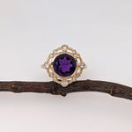 2.8ct Amethyst Ring w Earth Mined Diamonds in Solid 14K Gold | Round 9mm