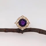 2.8ct Amethyst Ring w Earth Mined Diamonds in Solid 14K Gold | Round 9mm