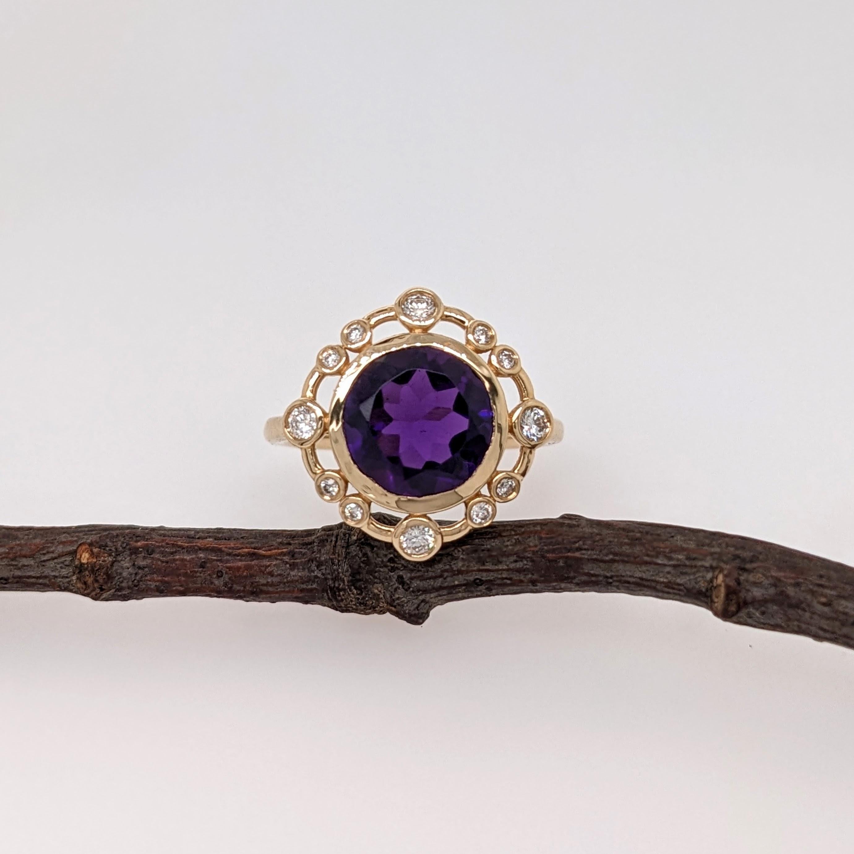 2.8ct Amethyst Ring w Earth Mined Diamonds in Solid 14K Gold | Round 9mm