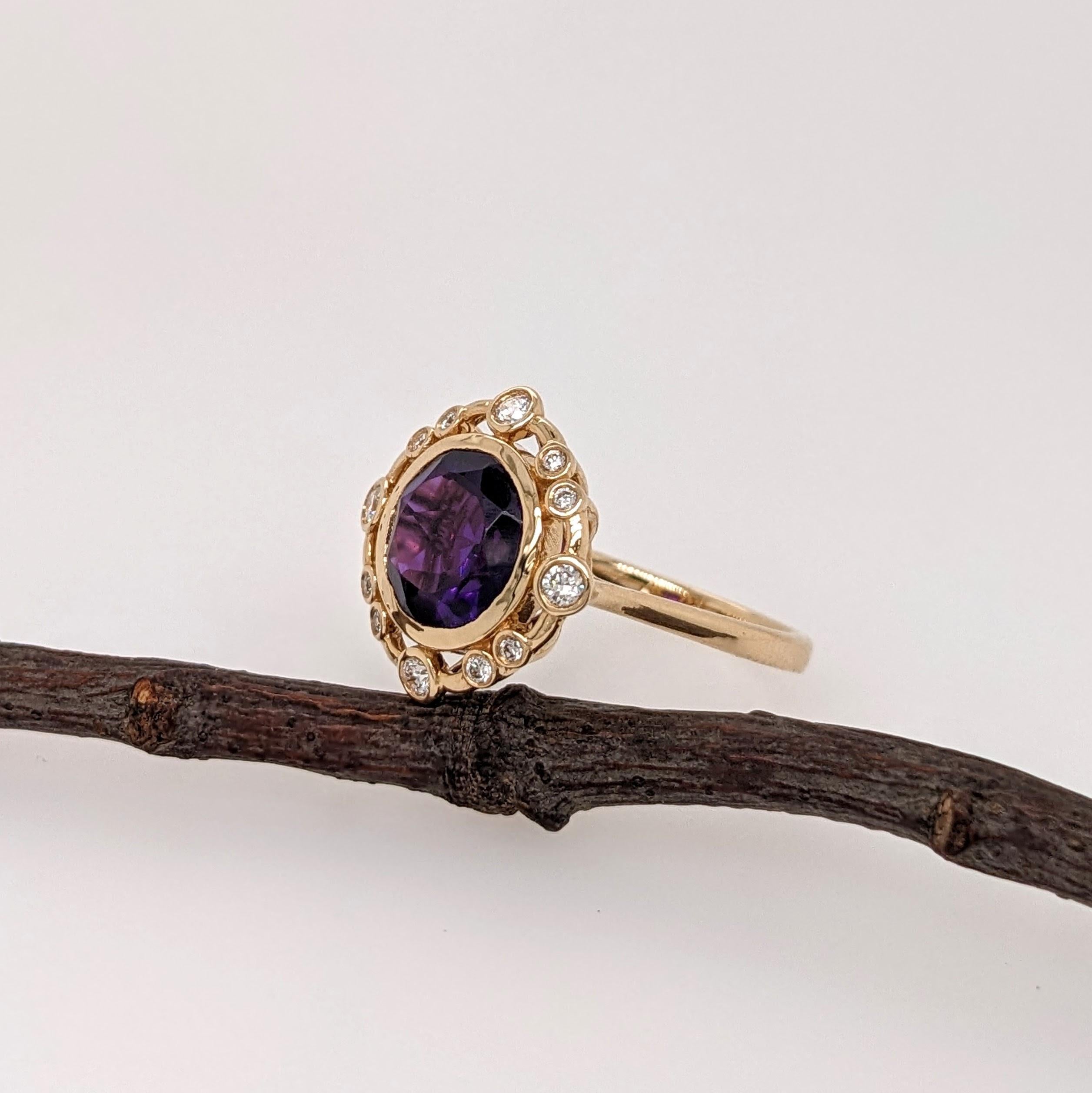 2.8ct Amethyst Ring w Earth Mined Diamonds in Solid 14K Gold | Round 9mm