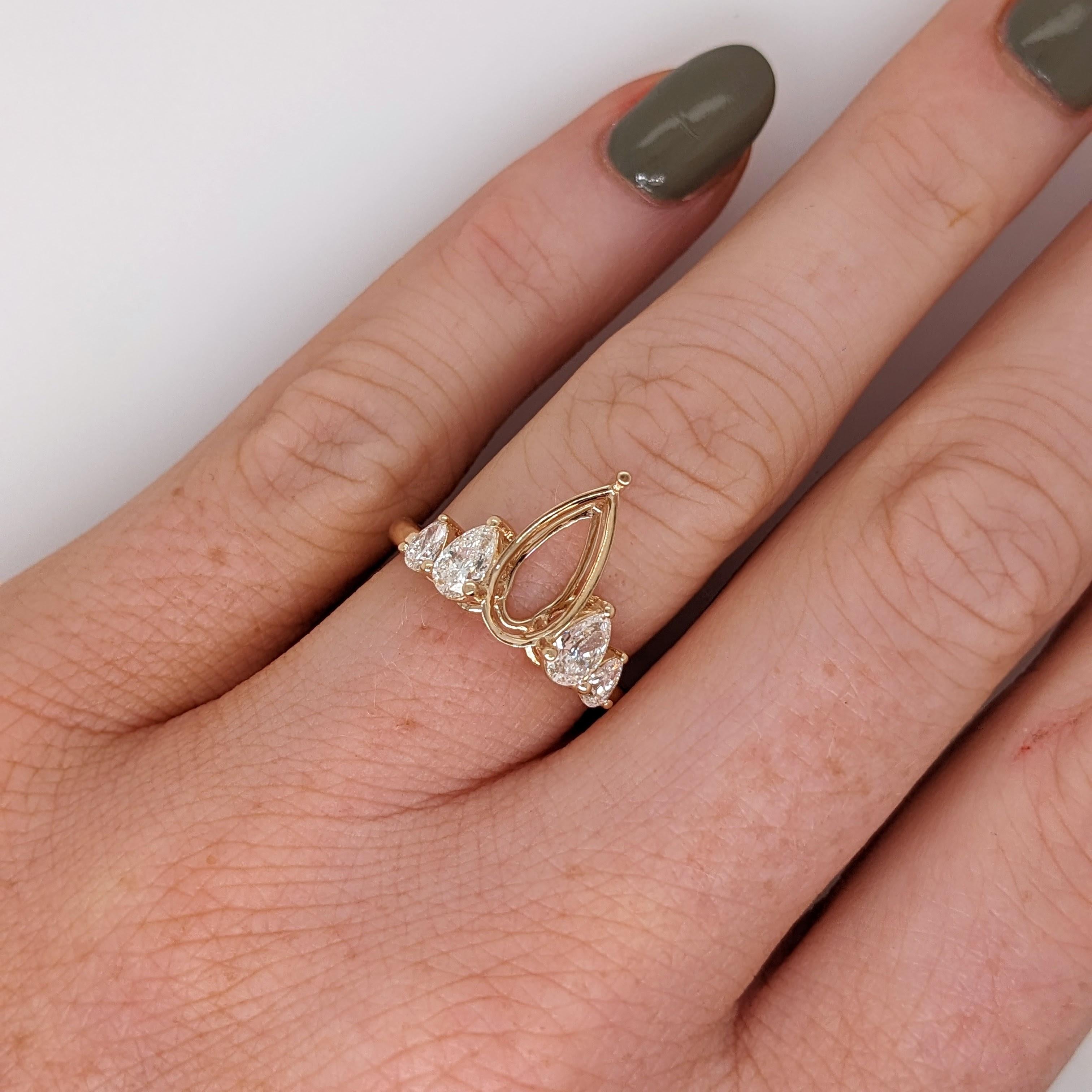 Ring Semi Mount w Earth Mined Diamonds in Solid 14K Gold Pear Shape 12.5x6.2mm