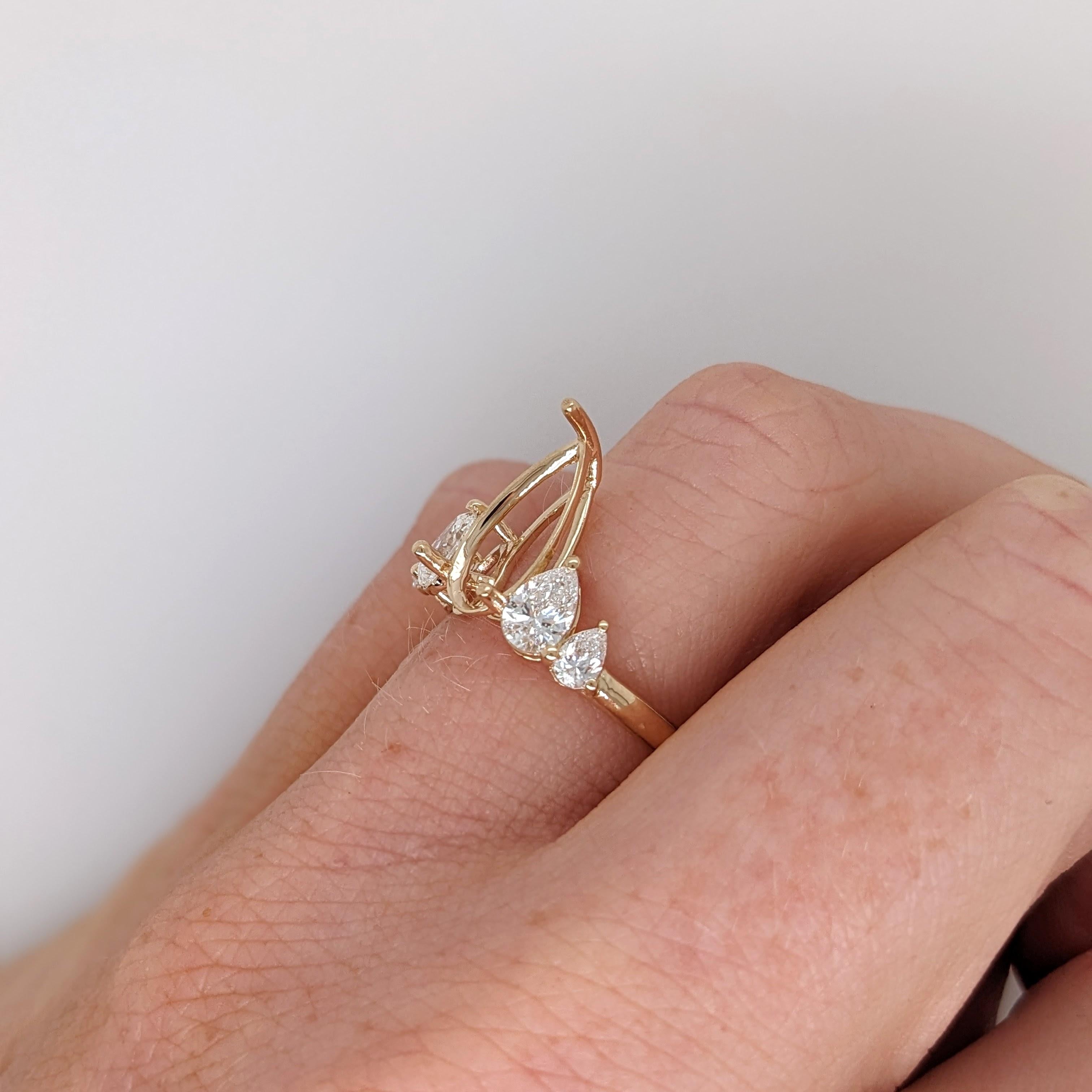 Ring Semi Mount w Earth Mined Diamonds in Solid 14K Gold Pear Shape 12.5x6.2mm