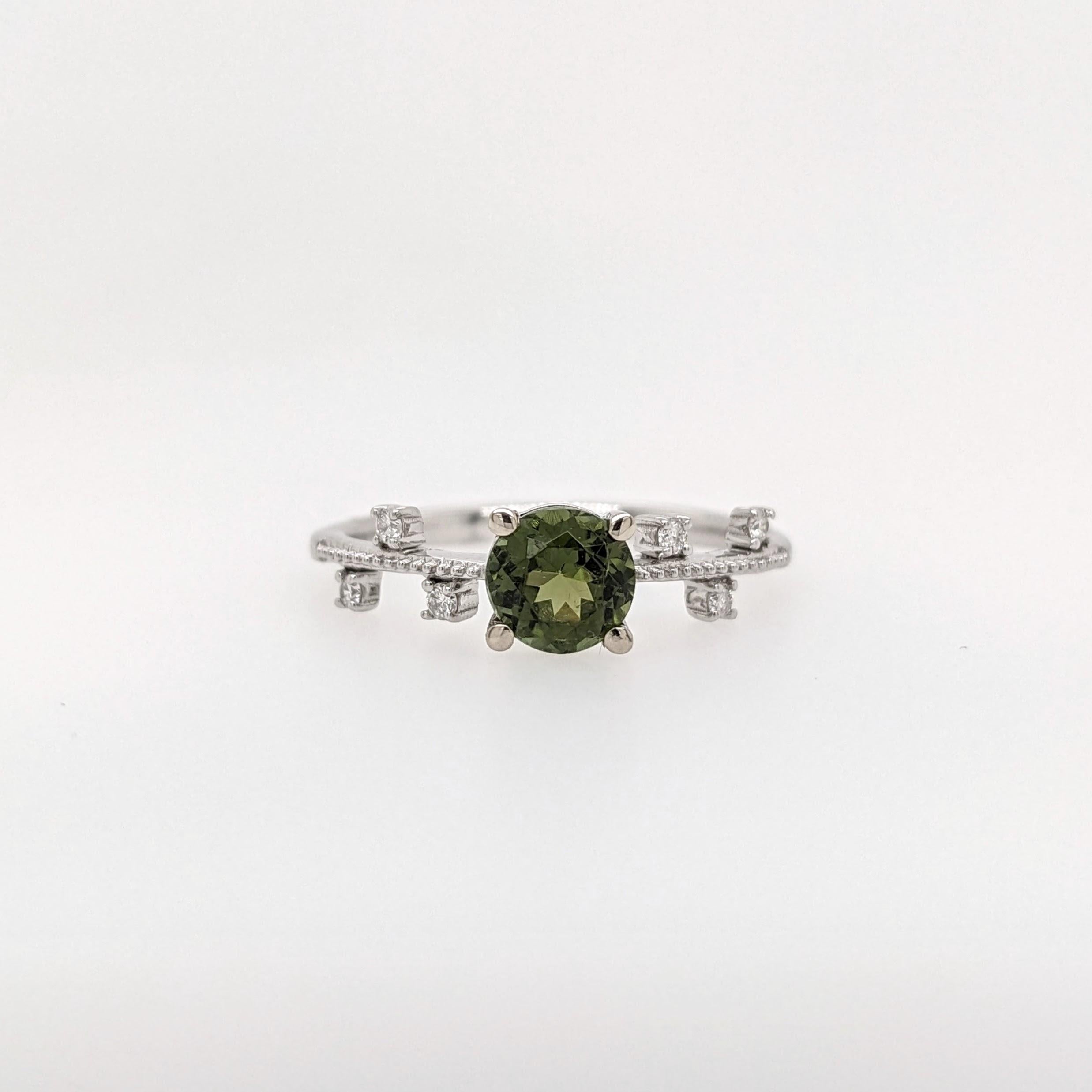 Green Tourmaline Ring w Earth Mined Diamonds in Solid 14K White Gold Round 5.5mm