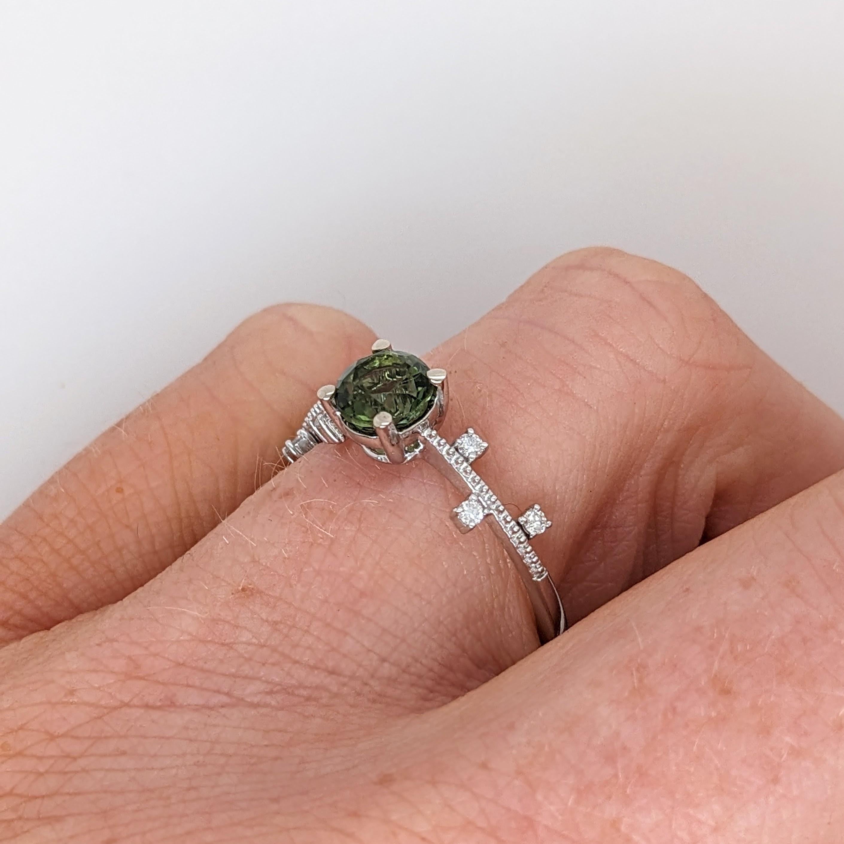 Green Tourmaline Ring w Earth Mined Diamonds in Solid 14K White Gold Round 5.5mm