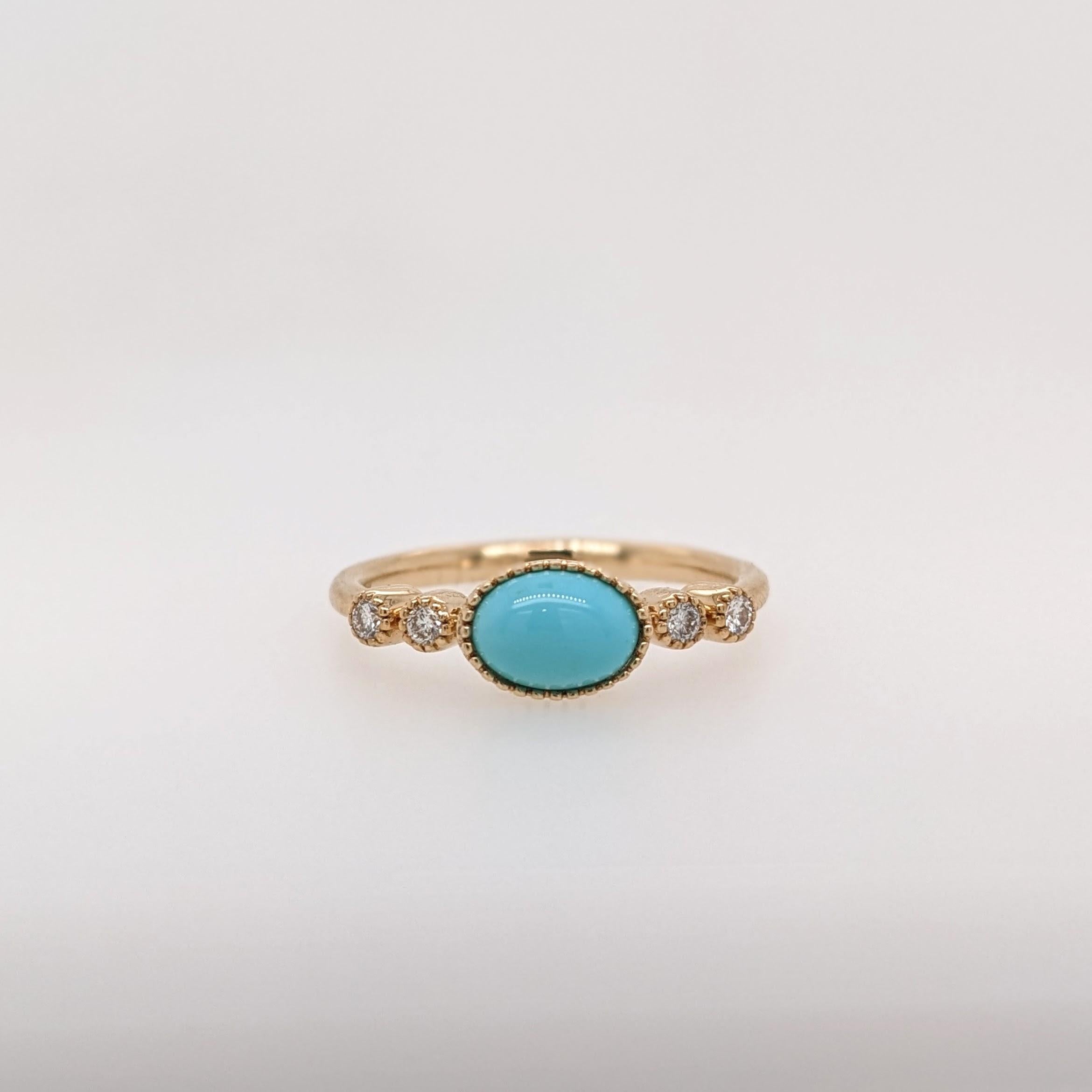 East West Turquoise Ring w Earth Mined Diamonds in Solid 14K Gold Oval 7x5mm