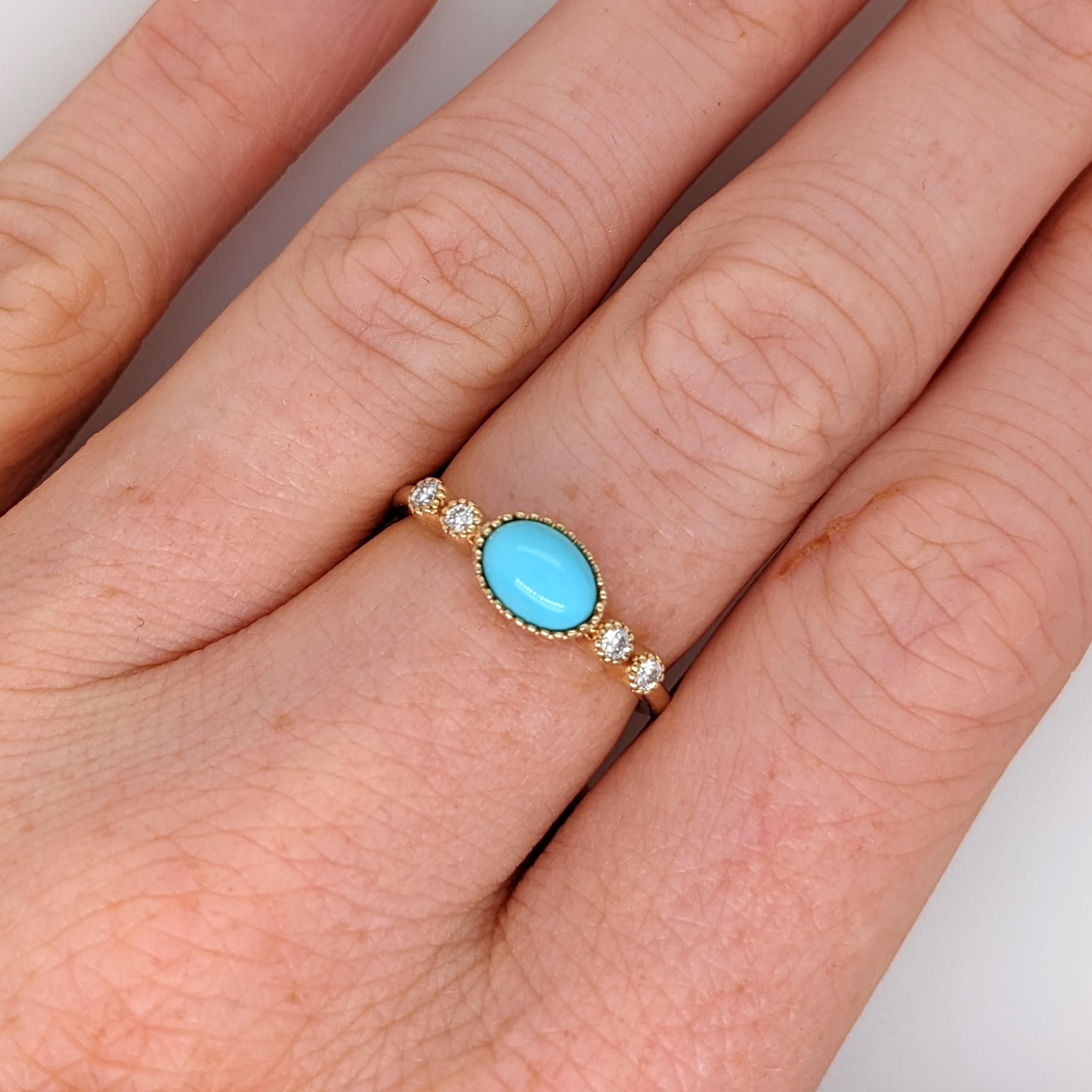 East West Turquoise Ring w Earth Mined Diamonds in Solid 14K Gold Oval 7x5mm