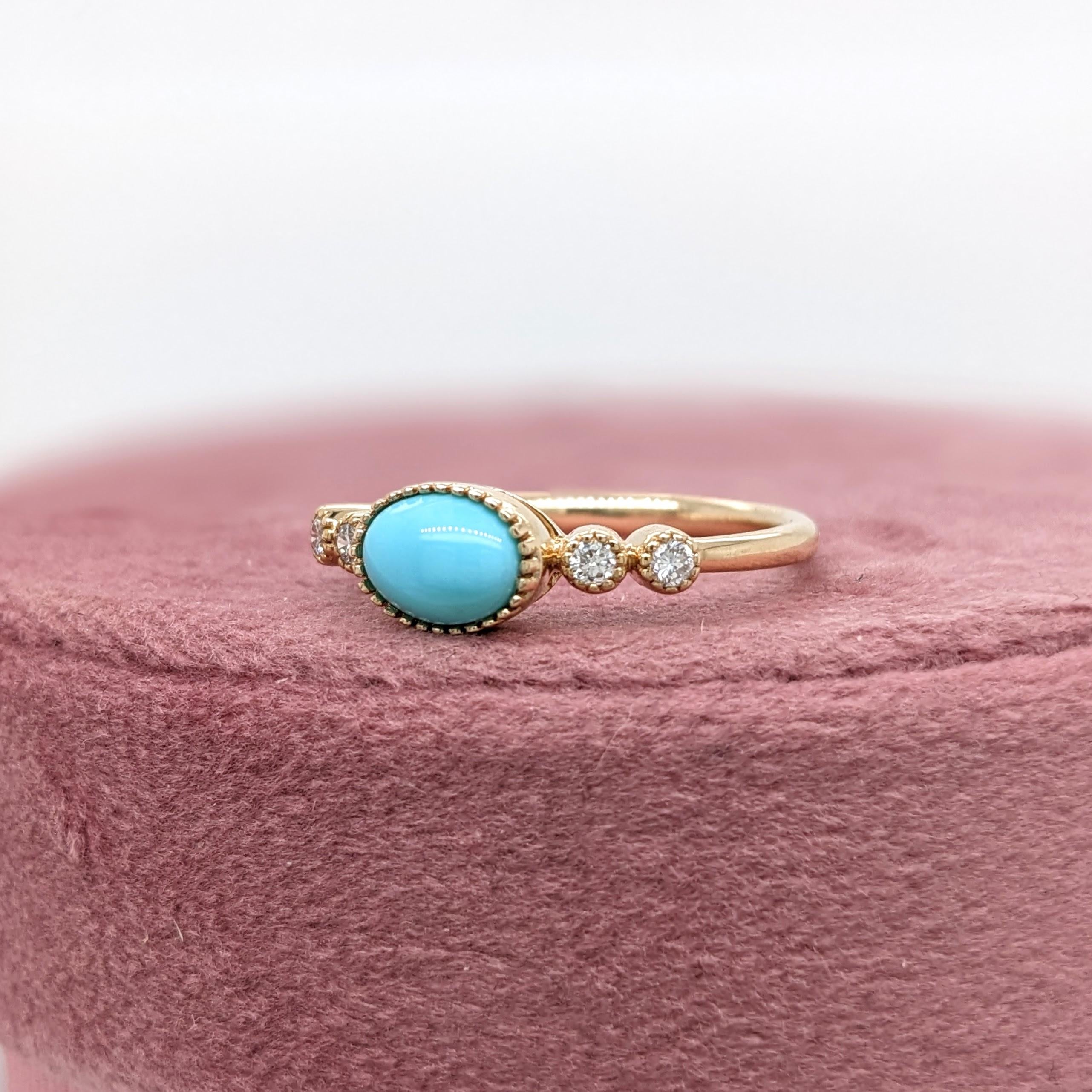 East West Turquoise Ring w Earth Mined Diamonds in Solid 14K Gold Oval 7x5mm