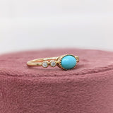 East West Turquoise Ring w Earth Mined Diamonds in Solid 14K Gold Oval 7x5mm