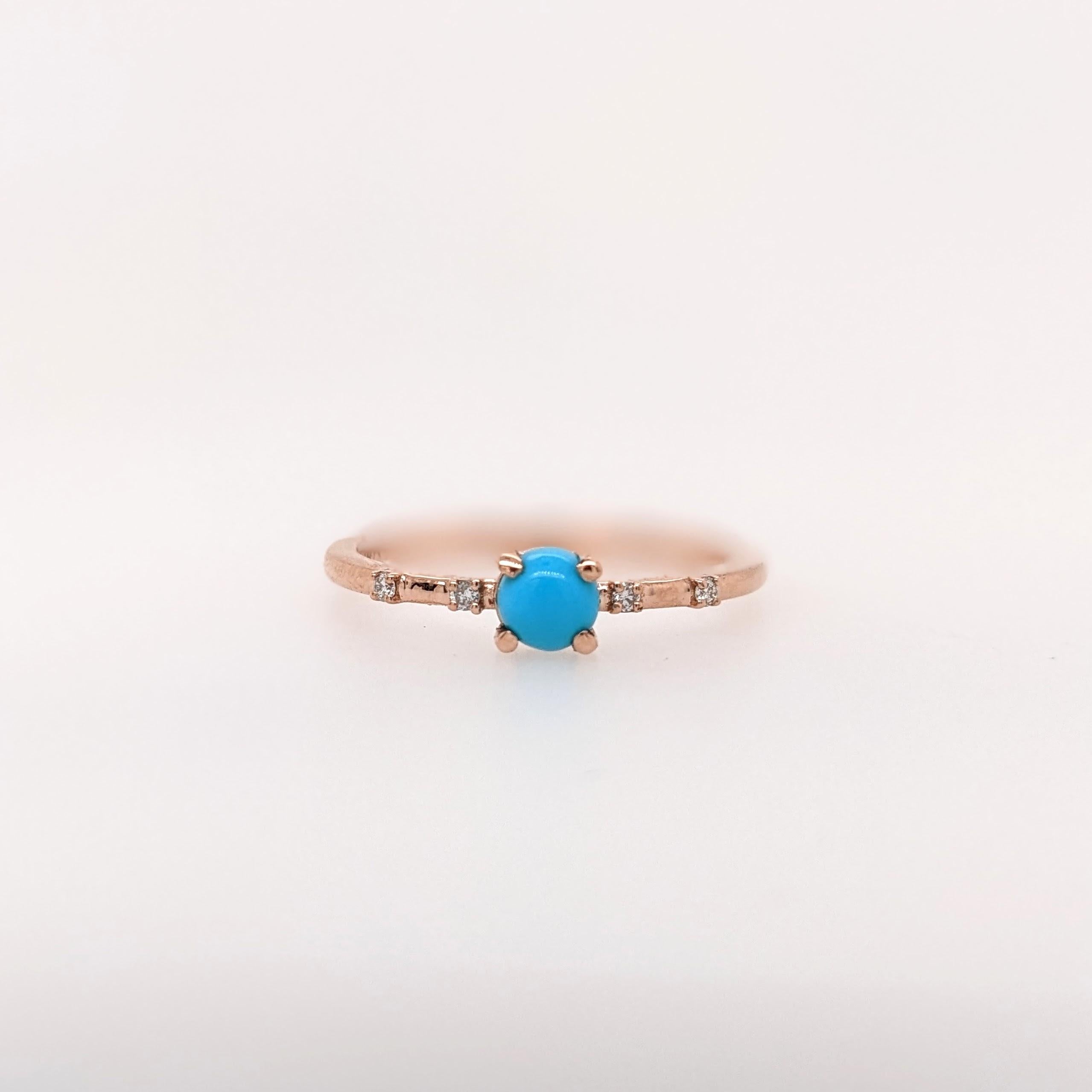 Turquoise Ring w Earth Mined Diamonds in Solid 14K Yellow Gold Round 4mm