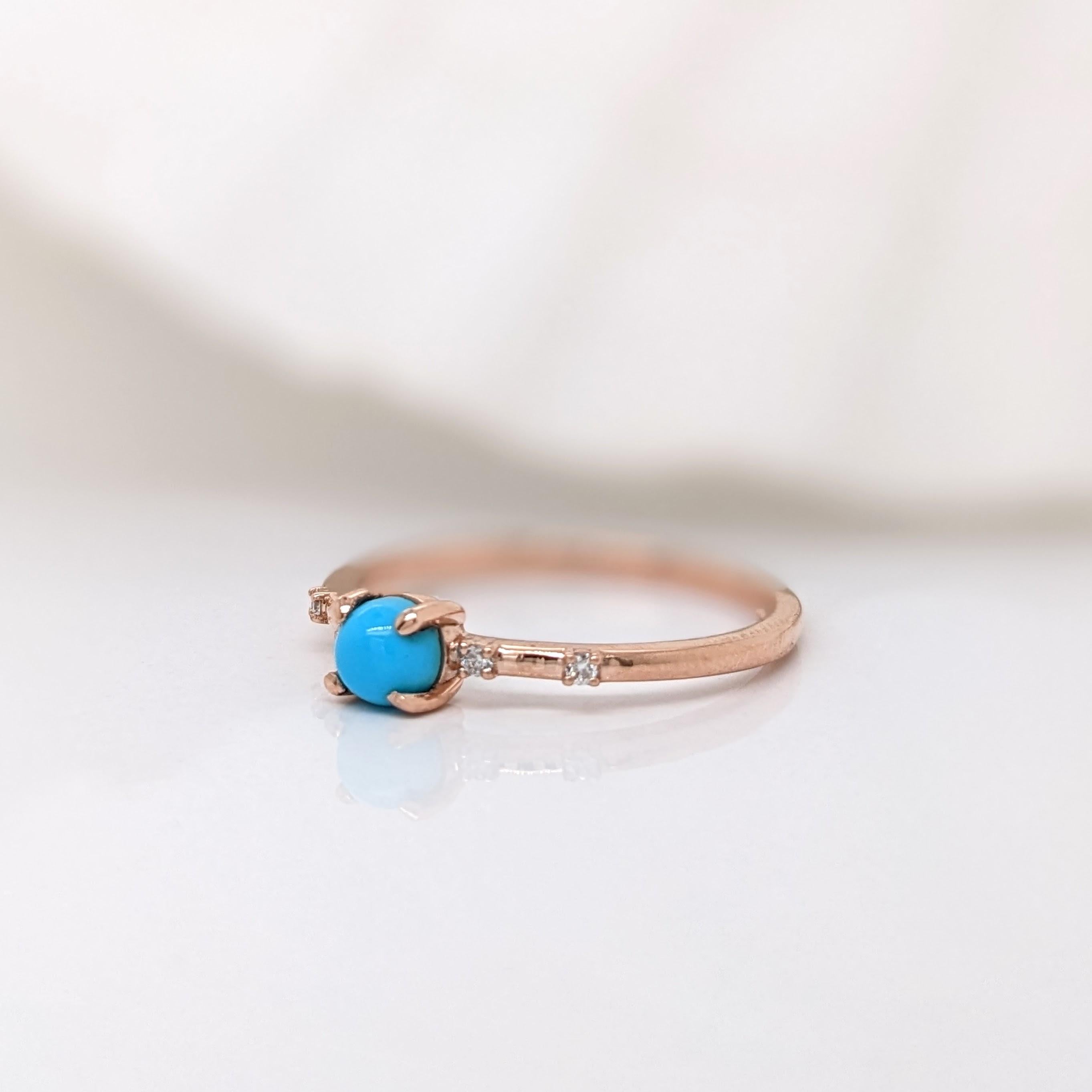 Turquoise Ring w Earth Mined Diamonds in Solid 14K Yellow Gold Round 4mm
