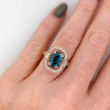 5.4ct Blue Zircon Ring w Earth Mined Diamonds in Solid 14K Rose Gold Cushion 10x7mm | December Birthstone | Statement Ring