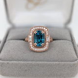 5.4ct Blue Zircon Ring w Earth Mined Diamonds in Solid 14K Rose Gold Cushion 10x7mm | December Birthstone | Statement Ring