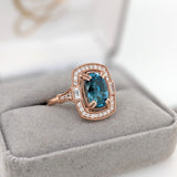 5.4ct Blue Zircon Ring w Earth Mined Diamonds in Solid 14K Rose Gold Cushion 10x7mm | December Birthstone | Statement Ring