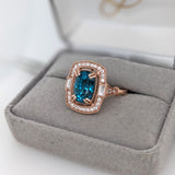 5.4ct Blue Zircon Ring w Earth Mined Diamonds in Solid 14K Rose Gold Cushion 10x7mm | December Birthstone | Statement Ring