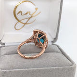 5.4ct Blue Zircon Ring w Earth Mined Diamonds in Solid 14K Rose Gold Cushion 10x7mm | December Birthstone | Statement Ring