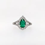 Colombian Emerald Ring w Earth Mined Diamonds in Solid 14K White Gold Pear 8x5mm