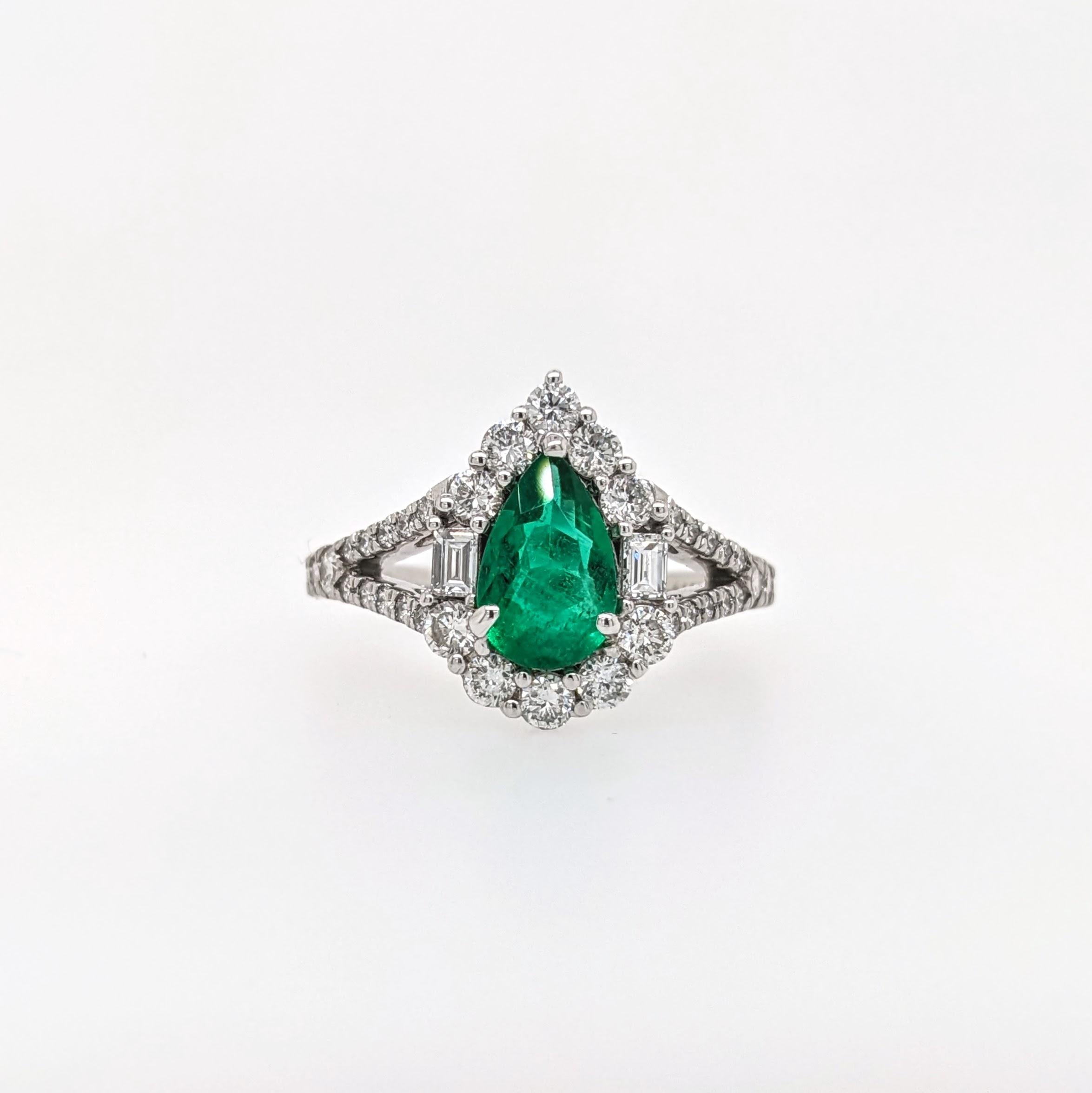Colombian Emerald Ring w Earth Mined Diamonds in Solid 14K White Gold Pear 8x5mm