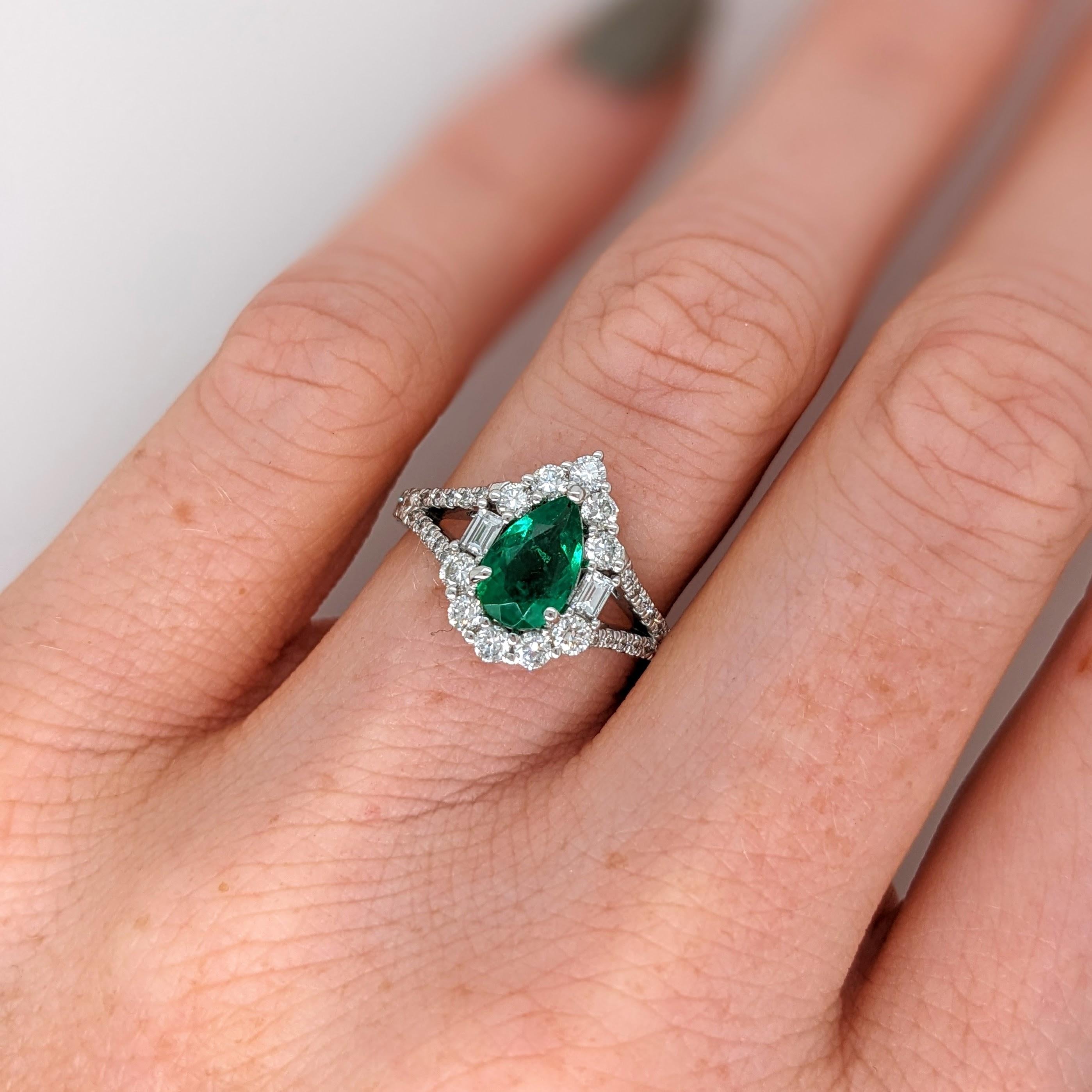 Colombian Emerald Ring w Earth Mined Diamonds in Solid 14K White Gold Pear 8x5mm