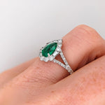 Colombian Emerald Ring w Earth Mined Diamonds in Solid 14K White Gold Pear 8x5mm