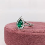 Colombian Emerald Ring w Earth Mined Diamonds in Solid 14K White Gold Pear 8x5mm