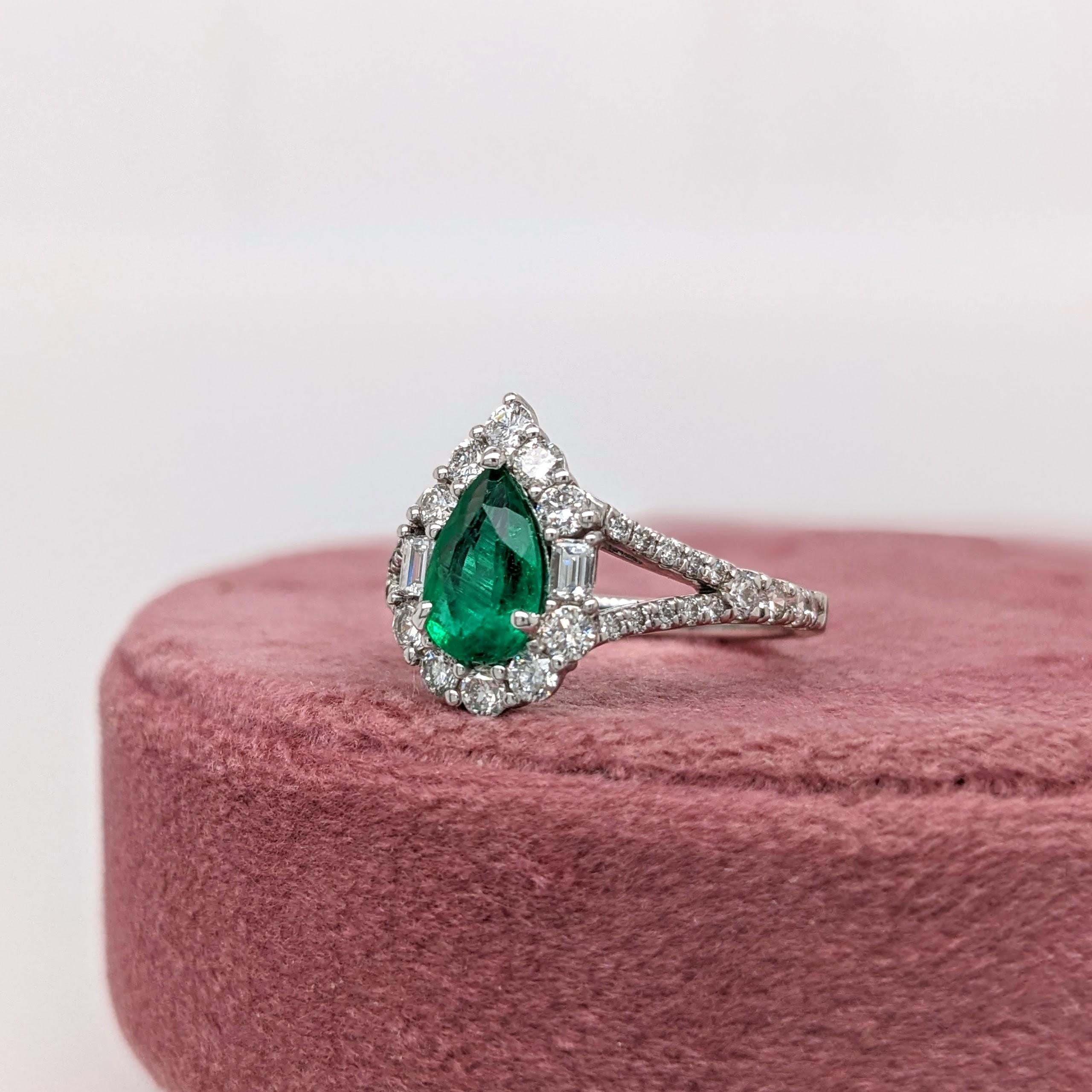 Colombian Emerald Ring w Earth Mined Diamonds in Solid 14K White Gold Pear 8x5mm