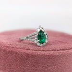 Colombian Emerald Ring w Earth Mined Diamonds in Solid 14K White Gold Pear 8x5mm