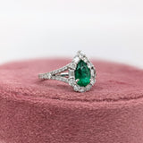 Colombian Emerald Ring w Earth Mined Diamonds in Solid 14K White Gold Pear 8x5mm