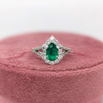 Colombian Emerald Ring w Earth Mined Diamonds in Solid 14K White Gold Pear 8x5mm