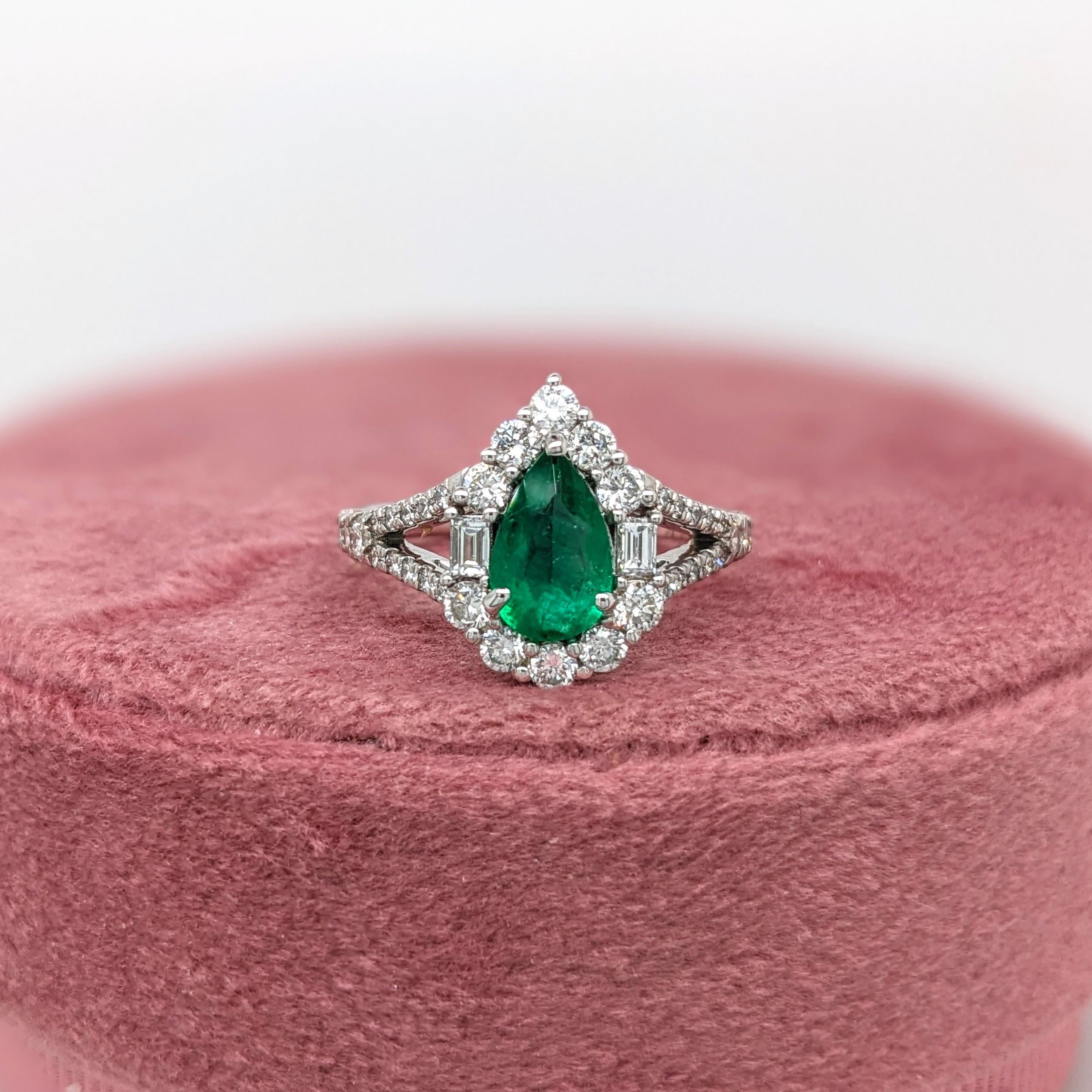 Colombian Emerald Ring w Earth Mined Diamonds in Solid 14K White Gold Pear 8x5mm