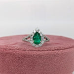 Colombian Emerald Ring w Earth Mined Diamonds in Solid 14K White Gold Pear 8x5mm