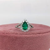 Colombian Emerald Ring w Earth Mined Diamonds in Solid 14K White Gold Pear 8x5mm