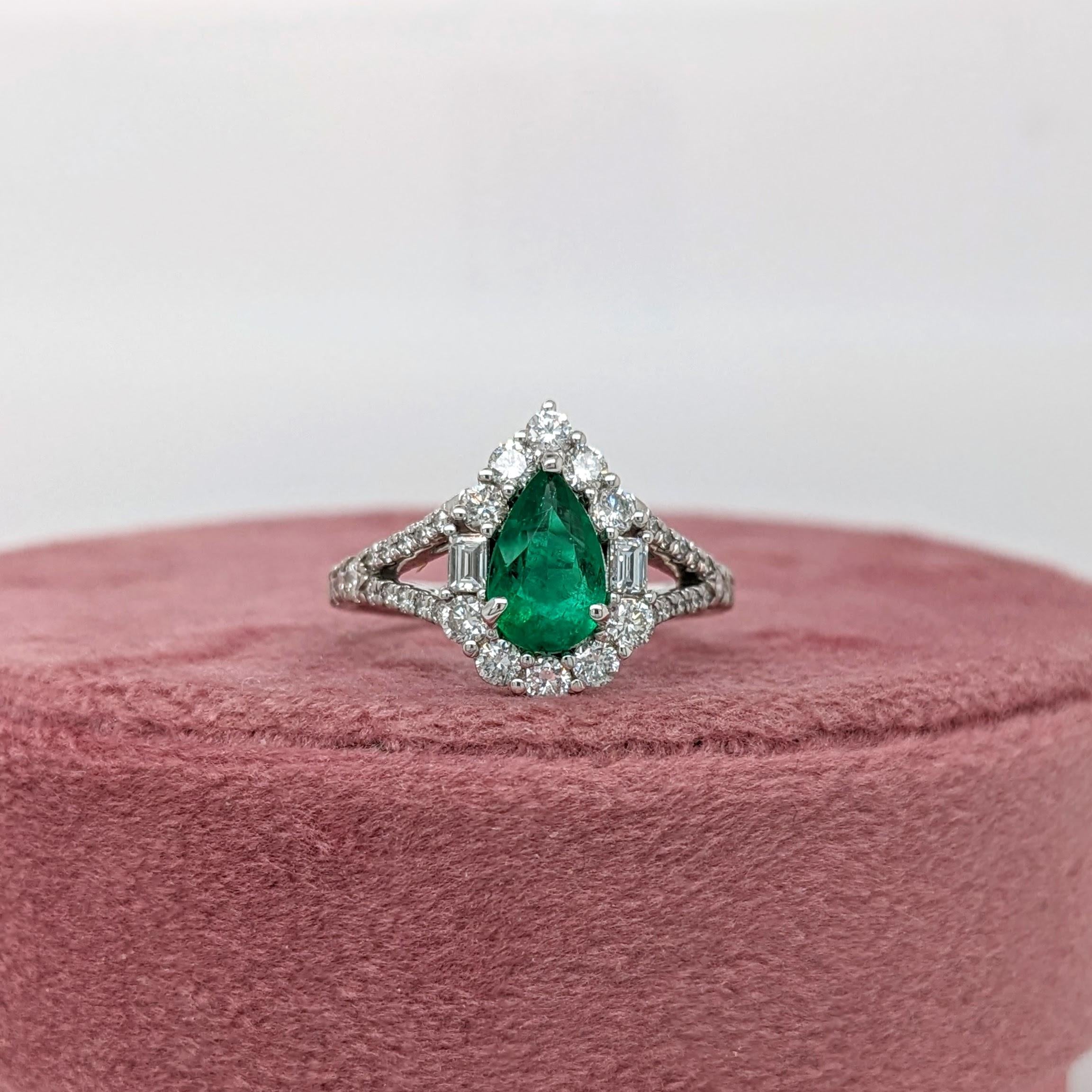 Colombian Emerald Ring w Earth Mined Diamonds in Solid 14K White Gold Pear 8x5mm