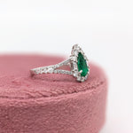Colombian Emerald Ring w Earth Mined Diamonds in Solid 14K White Gold Pear 8x5mm