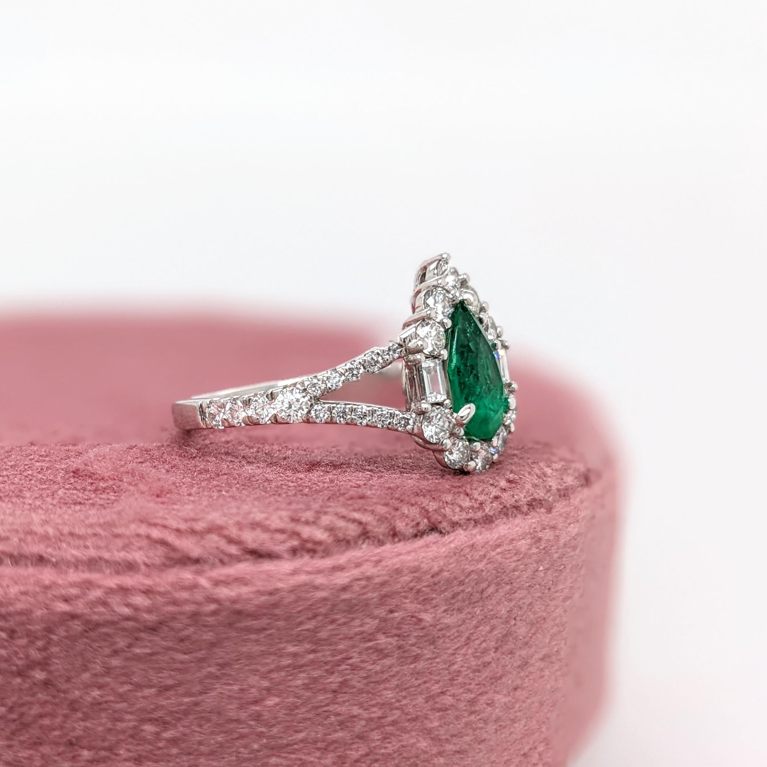 Colombian Emerald Ring w Earth Mined Diamonds in Solid 14K White Gold Pear 8x5mm