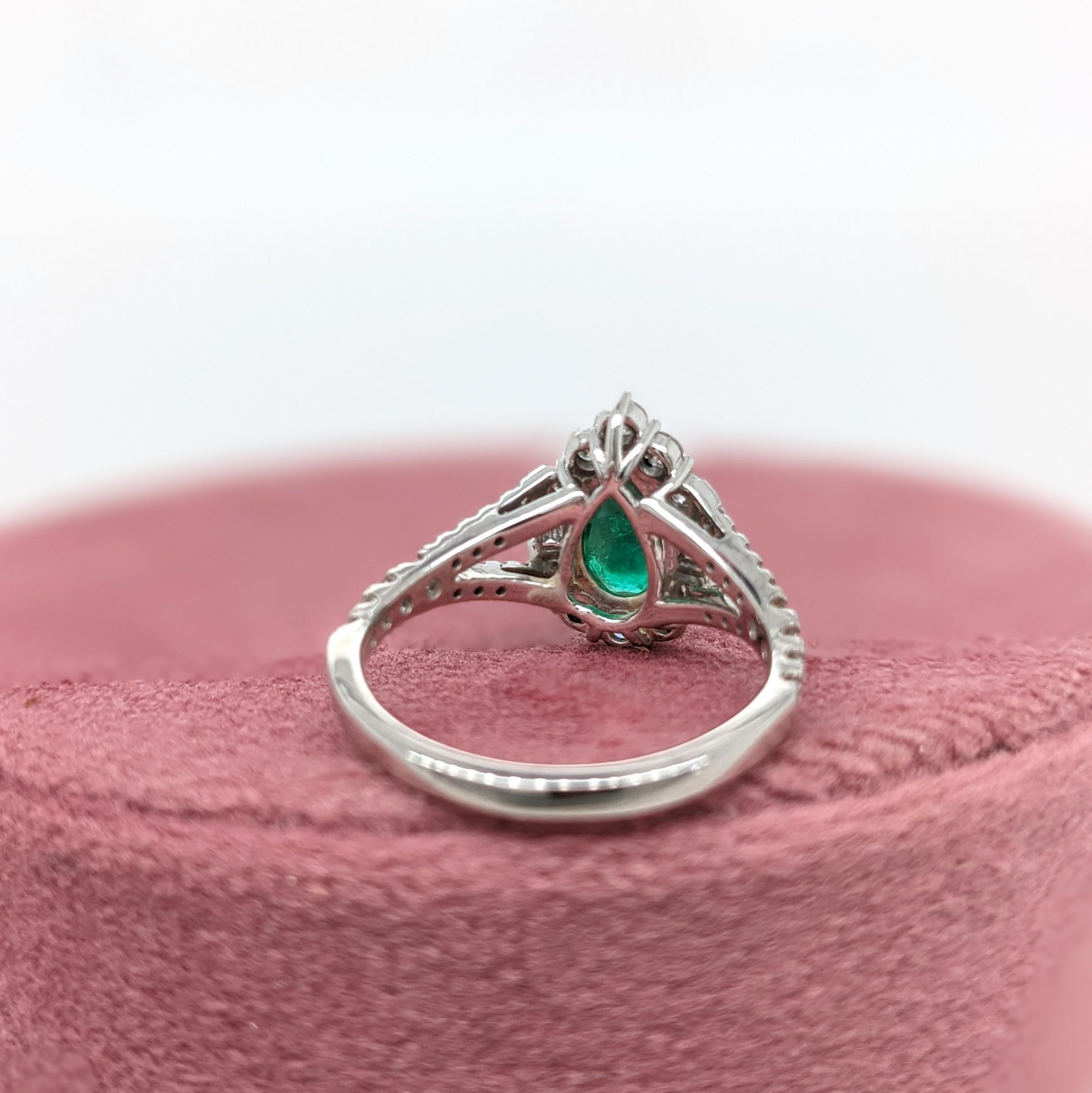 Colombian Emerald Ring w Earth Mined Diamonds in Solid 14K White Gold Pear 8x5mm